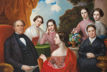 1850 oil portrait of Lemuel Shattuck and his family by Bass Otis, showing Lemuel, his wife Clarissa, and their five daughters arranged in a formal group. One daughter, Sarah, sits centrally with her back partially turned to the viewer, while a large bush fills a noticeable gap between family groupings on either side.